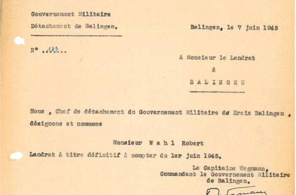 Ernennung Robert Wahls zum kommissarischen Landrat, Sa Gouvernement Militaire, Nr. 13 (1945)