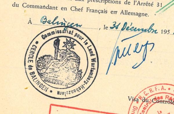 Bild: Ausschnitt Dokument auf französisch mit Stempeln, Sa Gouvernement Militaire, Nr. 16/17 (1951)
