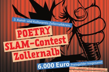 Rotes Plakat mit der Aufschrift: Poetry Slam Contest Zollernalb 
