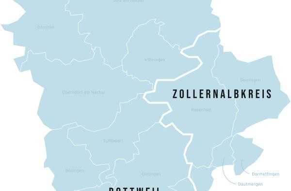 blaue Karte mit Teilen der Landkreise Freudenstadt, Zollernalbkreis und Rottweuil