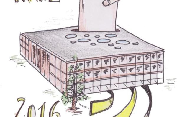 Unter der Überschrift "Landtagswahl" ist das Landtagsgebäude zu sehen das symbolisch als Wahlurne fungiert. Eine Hand wirft einen Stimmzettel in den vorgesehen Schlitz ein. Links unten ist das Jahr 2016 eingetragen.