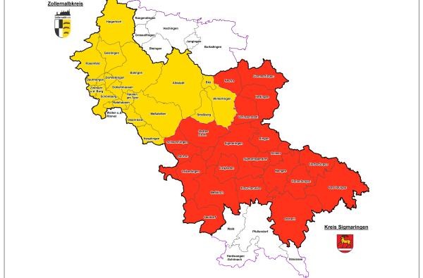 Landkarte auf der die Wahlbezirke für die Bundestagswahl 2017 dargestellt sind. Die Städte und Gemeinden aus dem Kreis Sigmaringen sind rot eingefärbt, die Städte und Gemeinden das Kreises Zollernalbkreis gelb.