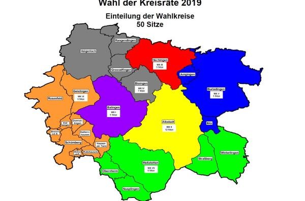 Karte des Zollernalbkreises in der die sieben Wahlkreise Balingen, Albstadt, Hechingen, Bisingen, Burladingen, Geislingen und Meßstetten mit den jeweils zu einem Wahlkreis gehörenden Städte- und Gemeinden farblich markiert sind