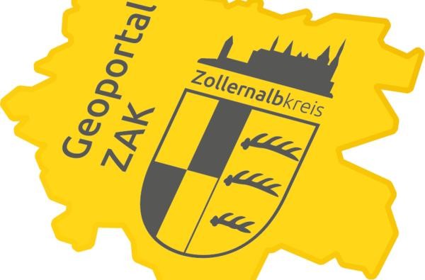©Vermessung und Flurneuordnung/Landratsamt Zollernalbkreis Umriss des Zollernalbkreises in gelb mit der Aufschrift Geoportal-ZAK und dem Landkreis-Logo.