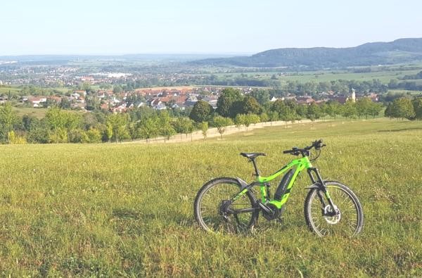 © Straßenbauamt/ Landratsamt Zollernalbkreis Grünes Fahrrad, Landschaft mit grüner Wiese im Hintergrund