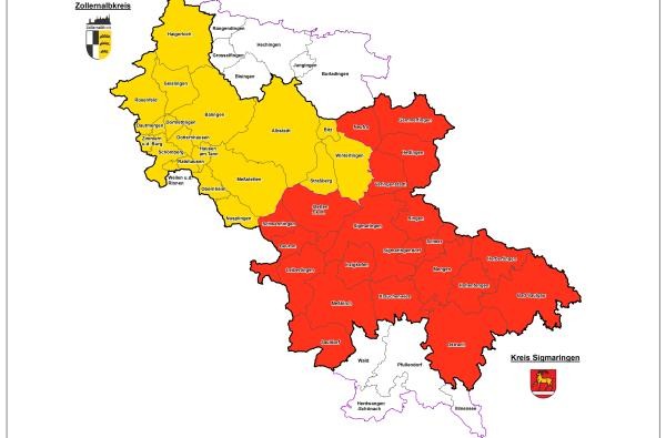 Landkarte auf der die Wahlbezirke für die Bundestagswahl 2017 dargestellt sind. Die Städte und Gemeinden aus dem Kreis Sigmaringen sind rot eingefärbt, die Städte und Gemeinden des Zollernalbkreises gelb.