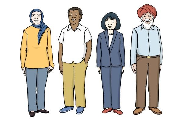 © Lebenshilfe für Menschen mit geistiger Behinderung Bremen e.V., Illustrator Stefan Albers Menschen aus verschiedenen Ländern