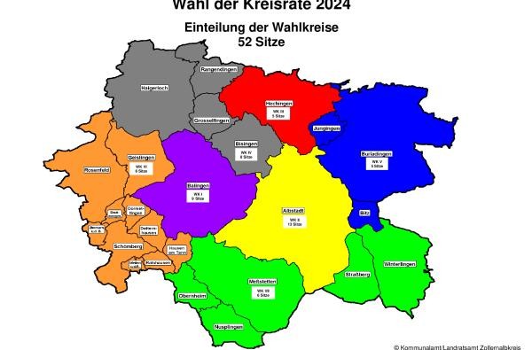 Karte des Zollernalbkreises mit Einteilung der 7 Wahlkreise. 7 verschiedenen Farben