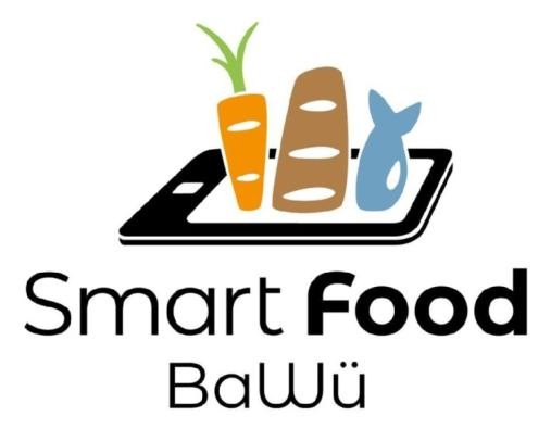 Bildlogo zu Smart Food BaWü mit Gerätedisplay, Möhre, Brot und Fisch