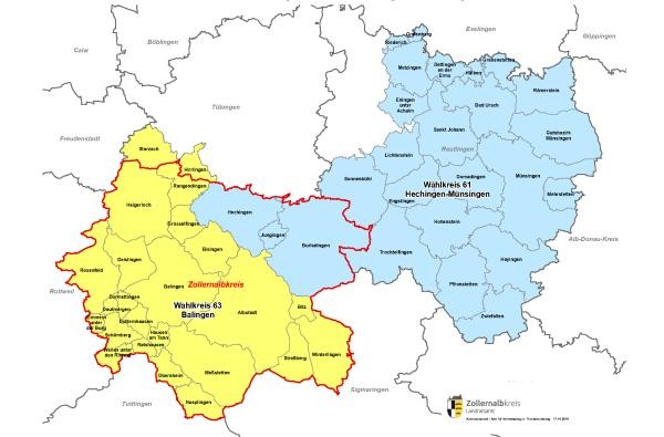 © Kommunalamt/Amt für Vermessung und Flurneuordnung/Landratsamt Zollernalbkreis, Karte der Wahlkreise 63 Balingen und 61 Hechingen-Münsingen © Kommunalamt/Landratsamt Zollernalbkreis Landkarte mit den Gemeinden der Wahlkreise Nr. 63 Balingen in gelb und Nr. 61 Hechingen-Münsingen in blau