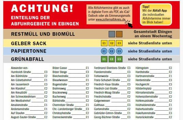 Im Abfallkalender ist die Zuteilung der Straßen nach Abfuhrbezirken ersichtlich. In Albstadt lässt das Landratsamt demnächst wieder Grünabfälle abholen - in Ebingen und Tailfingen orientieren sich die Termine nach jenen der Papiertonne bzw. des Gelben Sacks. ©Landratsamt Zollernalbkreis Blick in den Abfallkalender mit Straßeneinteilung und Abfuhrbezirken.