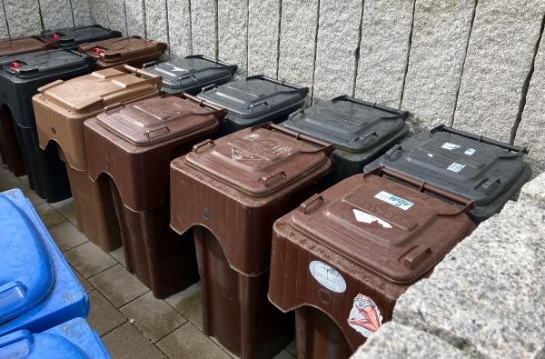 Die Abfallgebührenbescheide sind unterwegs © Landratsamt Zollernalbkreis braune Biomülltonnen, graue Restmülltonnen und blaue Altpapiertonnen stehen aufgereiht an einer Mauer