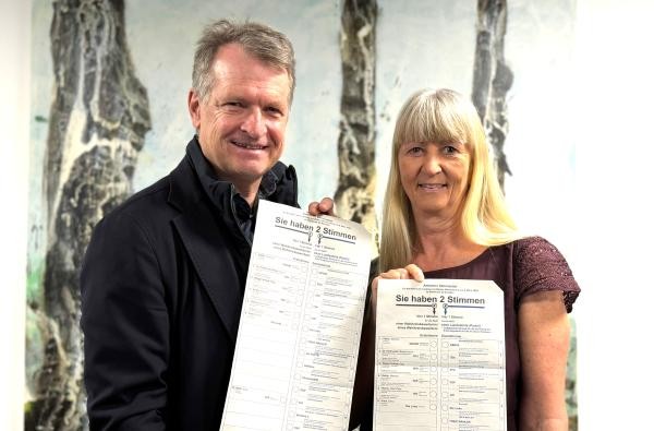 Landrat Günther-Martin Pauli und Kreiswahlleiterin Petra Hahn © Landratsamt Zolleralbkreis Ein Mann und eine Frau die beide einen Stimmzettel für die Landtagswahl in der Hand halten
