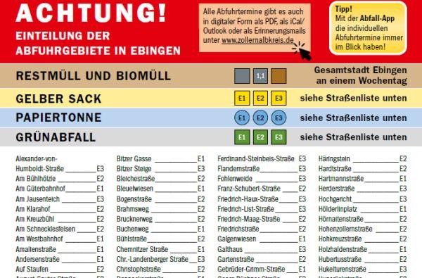 Die Grüngutsammlung steht in Albstadt an. Die Einteilung der drei Abfuhrgebiete in Ebingen ist über die Straßenliste im Abfallkalender ersichtlich. ©Landratsamt Zollernalbkreis Eine Liste von Straßen in Albstadt-Ebingen