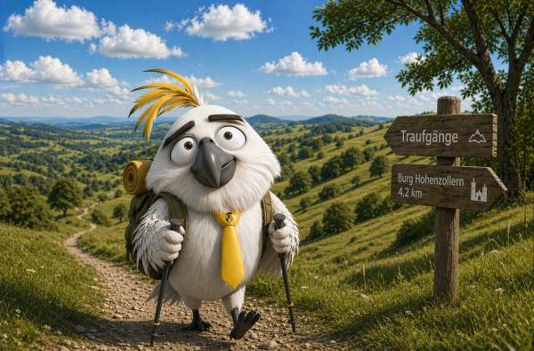 Der Wandervogel ZAKadu marschiert über die Zollernalb. Besondere Ziele kann man mit Bus und Bahn erreichen. ©Landratsamt Zollernalbkreis Ein Wandervogel - der ZAKadu - marschiert durch die Landschaft der Zollernalb.