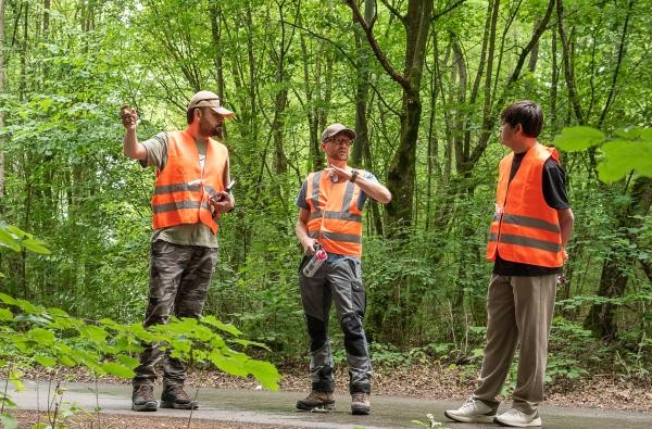 Revierförster André Conzelmann (Mitte) mit Dr. Muhammad Waqas Khan (links) und Phouvieng Phonasa im Bisinger Wald. Die Forstmänner aus Pakistan und Laos erhielten in den vergangenen Tagen wertvolle Einblicke im Zollernalbkreis. ©Landratsamt Zollernalbkreis Drei Männer stehen im Wald und besprechen sich.
