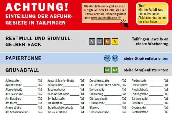 Die Abgrenzung der Abfuhrgebiete für die Grünabfall-Sammlung in Ebingen und Tailfingen ist über die Straßenliste im Abfallkalender ersichtlich. ©Landratsamt Zollernalbkreis Eine Liste von Straßen in Albstadt