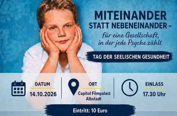 "Miteinander statt nebeneinander" - unter diesem Leitgedanken steht der Filmabend anlässlich der Woche der seelischen Gesundheit in Albstadt. ©Landratsamt Zollernalbkreis Ein Flyer mit Informationen zum dem Filmabend