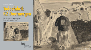 Titelblatt des Buchs Todesfabrik KZ Dautmergen mit zwei Häftlingen im Vordergrund und Wohnbaracken im Hintergrund