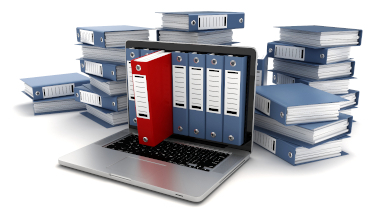 Bild: zu Türmen gestapelte blaue Ringordner umgeben ein Notebook aus dessen Display ebenfalls Ringordner in blauer Farbe dargestellt sind, aus dem Display ragt ein roter Ringordner bis in die Tastatur hinein