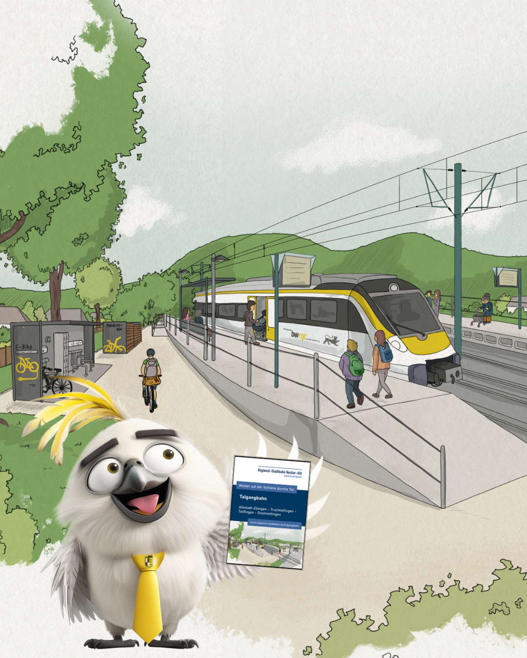 ZAKadu mit der Talgangbahnbroschüre in der Hand steht am Bahnhof