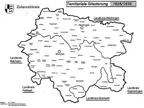 Karte mit der territorialen Gliederung des Gebiets des späteren Zollernalbkreises 1925/1938