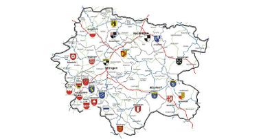 Landkarte des Zollernalbkreises mit den Wappen der Gemeinden