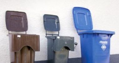 Eine braune Biotonne, eine graue Restmülltonne und eine blaue Papiertonne mit geöffneten Deckeln