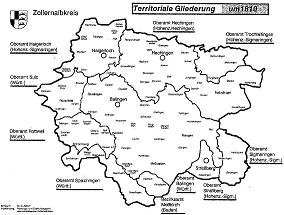 Karte mit der territorialen Gliederung des Gebiets des späteren Zollernalbkreises um 1810