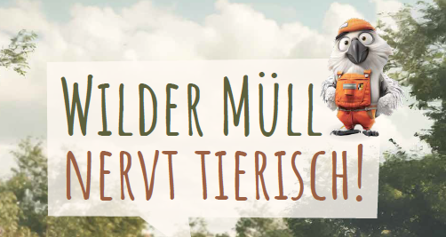 Eine Abfallkalenderseite, ein winkender Müllsack mit lächelndem Gesicht