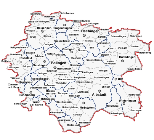 Kreiskarte mit Gemeinde- und Gemarkungsgrenzen